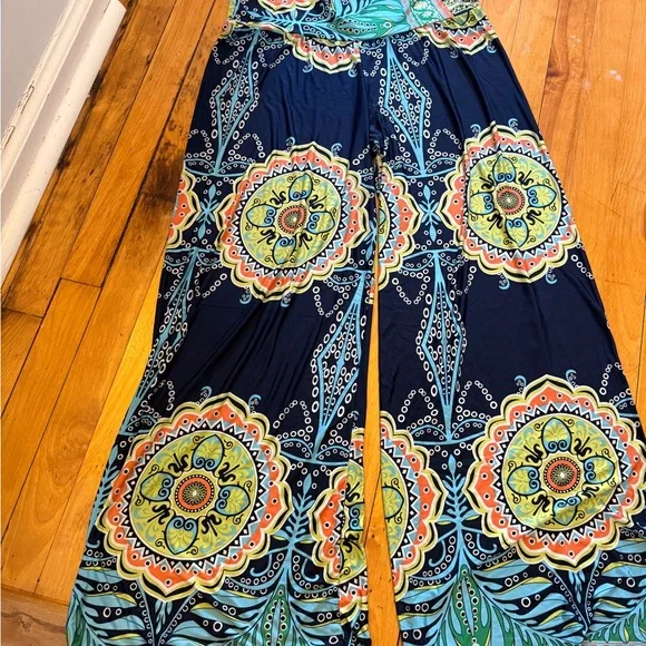 Boho Mandala Print Wide Leg Palazzo Pants - Navy & Multi - Picture 2 of 5